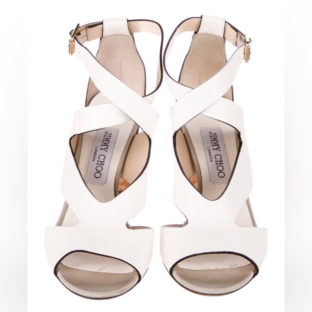 Jimmy Choo Crème Leather Strap Sandals Block Heels size 37.5 - Picture 3 of 6